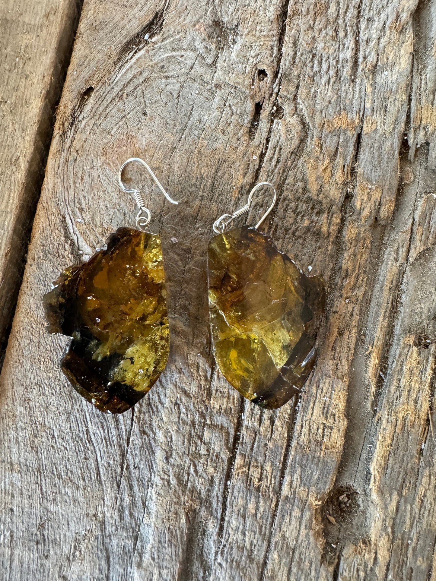 Polished  Mexican Blue Amber Earrings With Sterling Silver from Ciapas Mexico 1.6" long