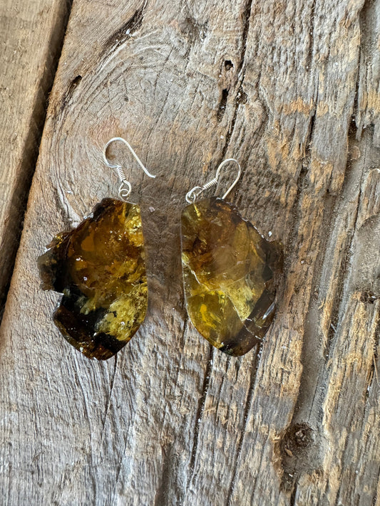 Polished  Mexican Blue Amber Earrings With Sterling Silver from Ciapas Mexico 1.6" long