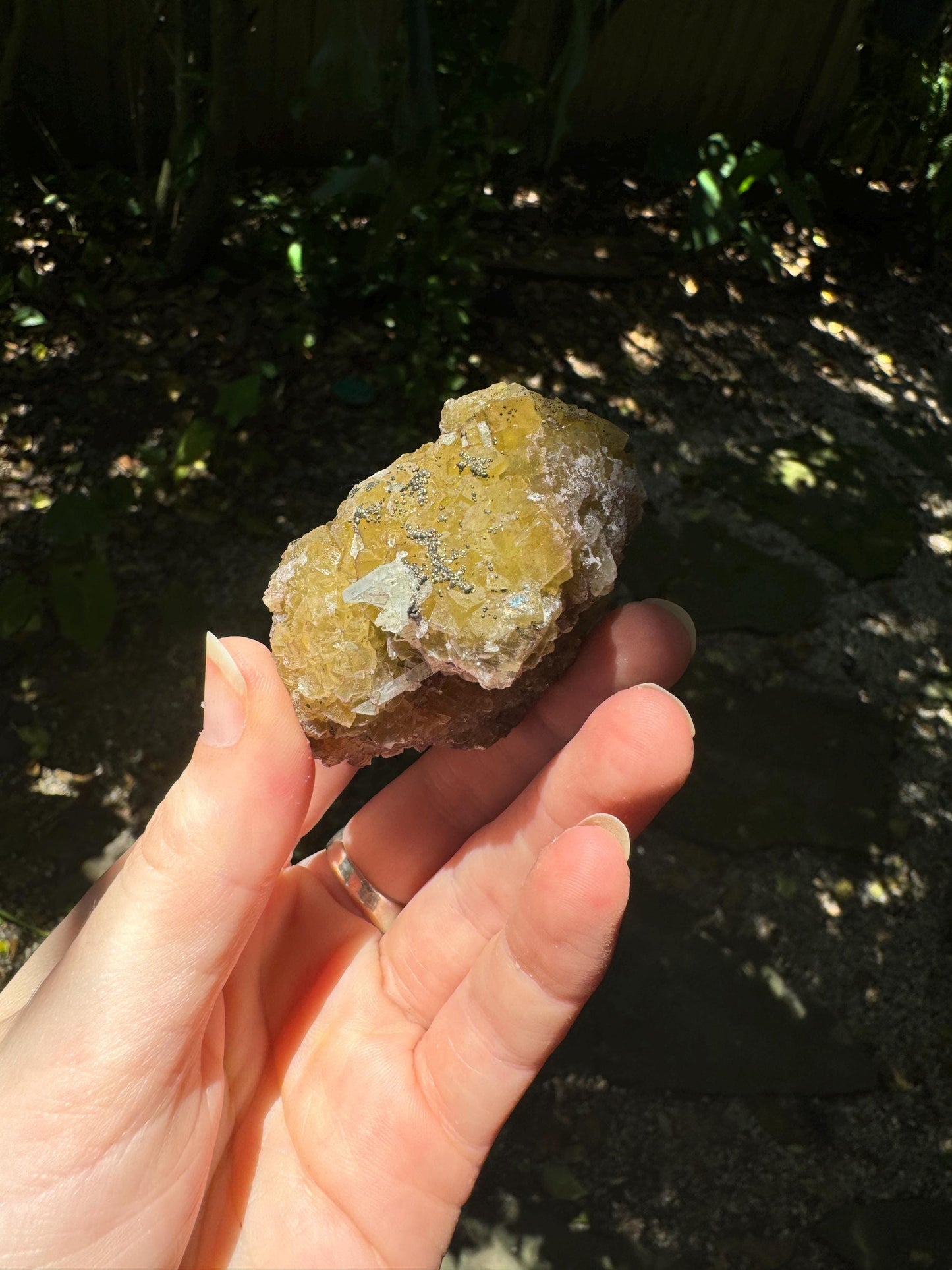 Sparkly Yellow and Purple Fluorescent Fluorite w/Pyrite from Spain 141.6g, Moscana Mine Crystal Specimen Mineral