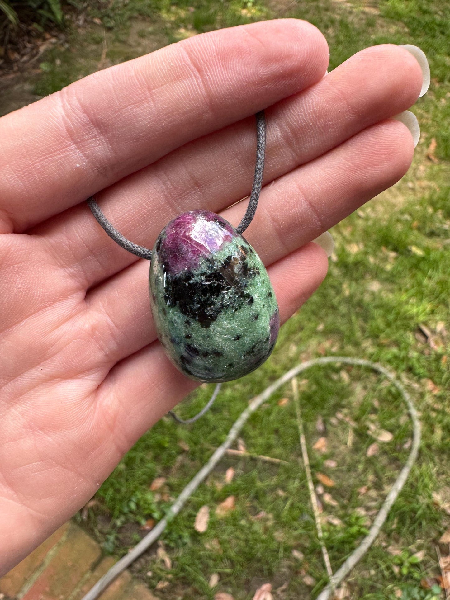 Hand polished and Drilled  Ruby in Zoisite Pendant 23g, Necklace Specimen Mineral Crystal