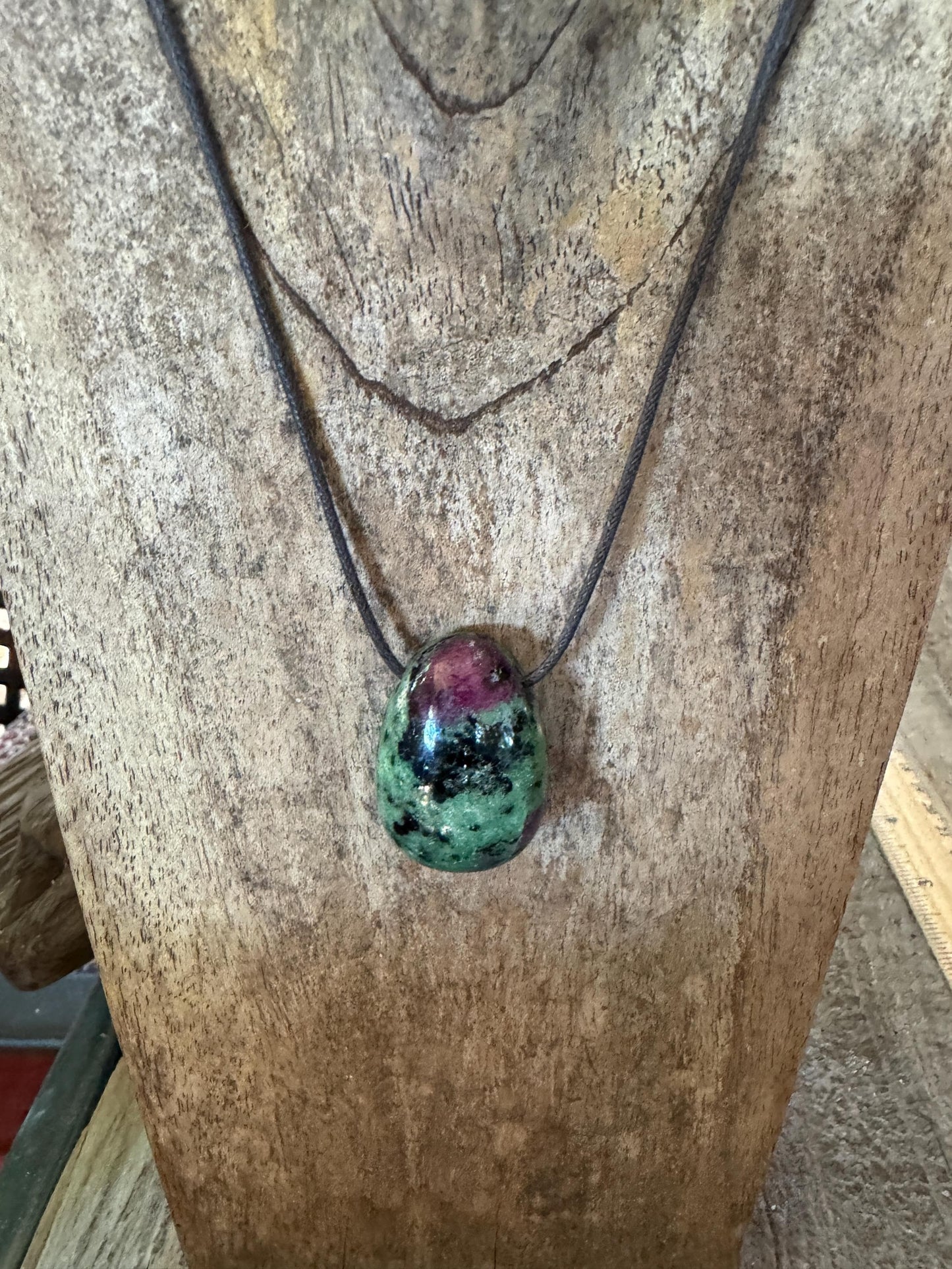 Hand polished and Drilled  Ruby in Zoisite Pendant 23g, Necklace Specimen Mineral Crystal