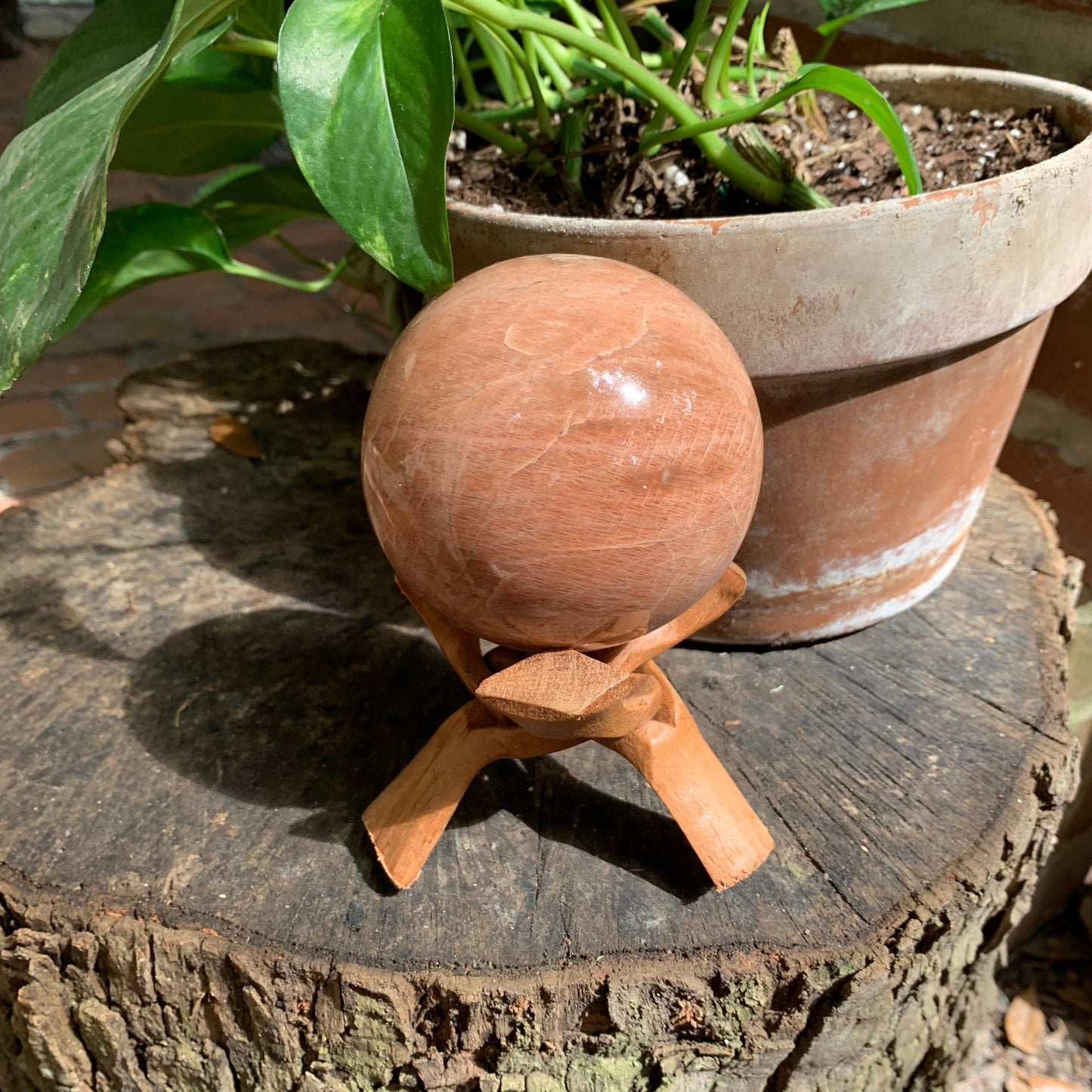 Polished Peach Moonstone Sphere 895g 88mm 3.48" with Wood Stand From Madagascar Specimen