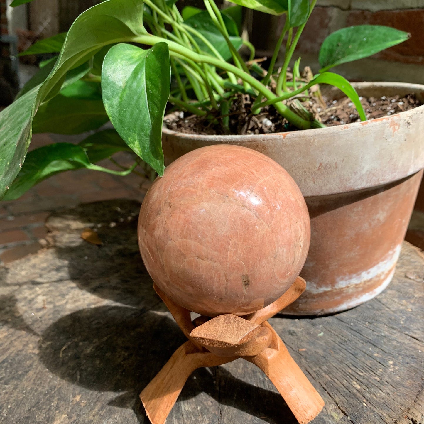 Polished Peach Moonstone Sphere 895g 88mm 3.48" with Wood Stand From Madagascar Specimen