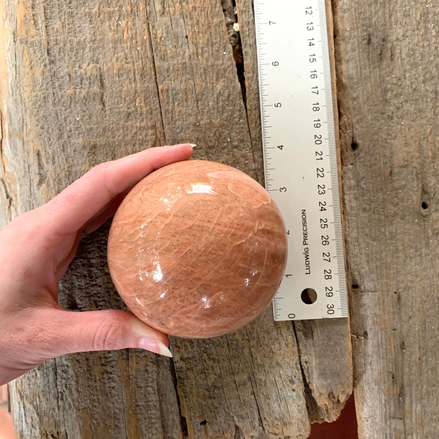 Polished Peach Moonstone Sphere 895g 88mm 3.48" with Wood Stand From Madagascar Specimen