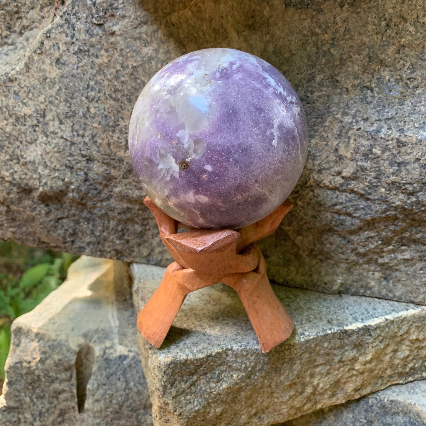 Polished Lepidolite Sphere From Minas Gerais, Brazil 890g 85mm 3.3" With Wood Stand