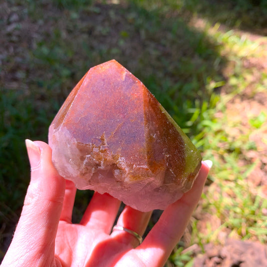 Half Polished Hematite Capped Amethyst Melody Stone 275g from Minas Gerais, Brazil