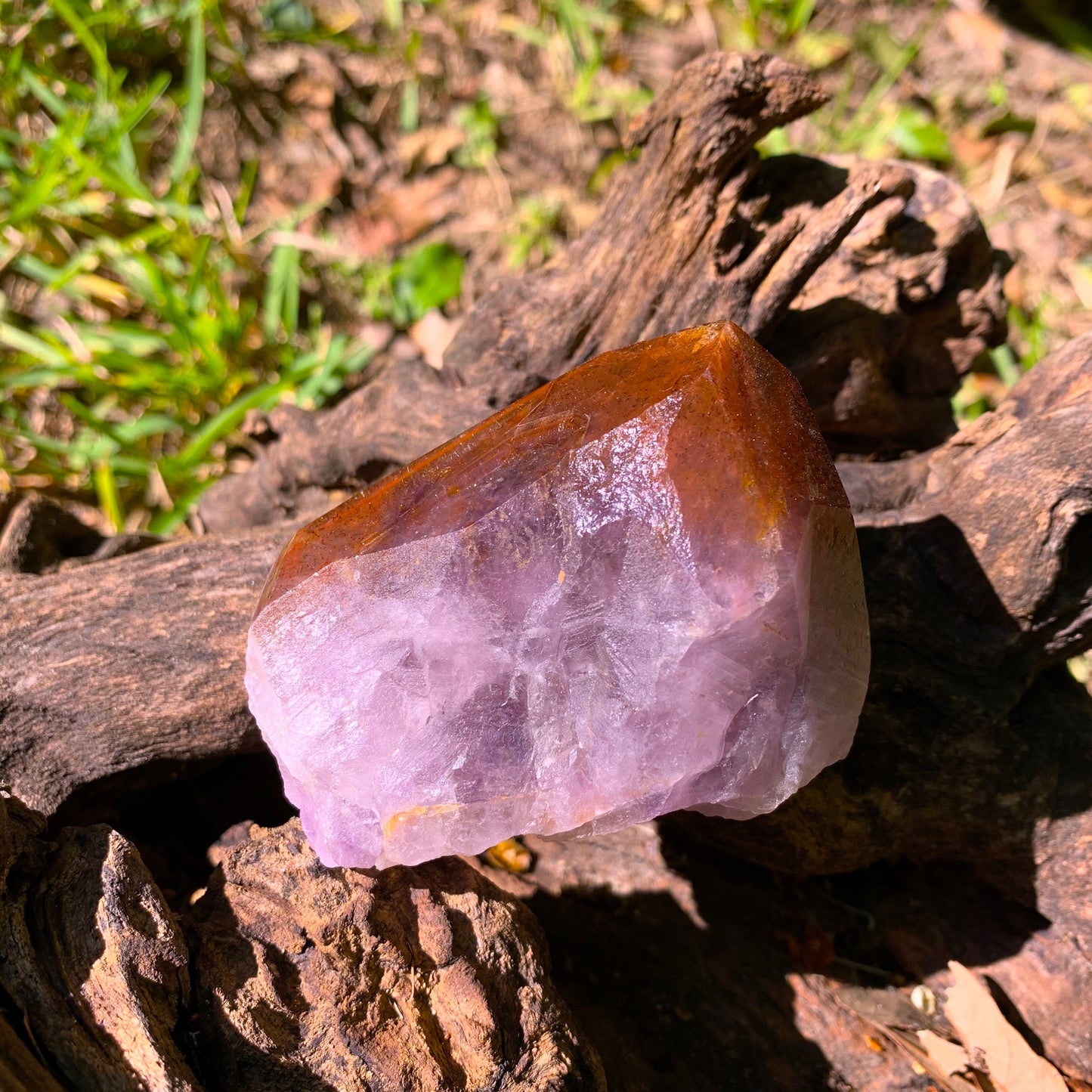 Half Polished Hematite Capped Amethyst Melody Stone 275g from Minas Gerais, Brazil