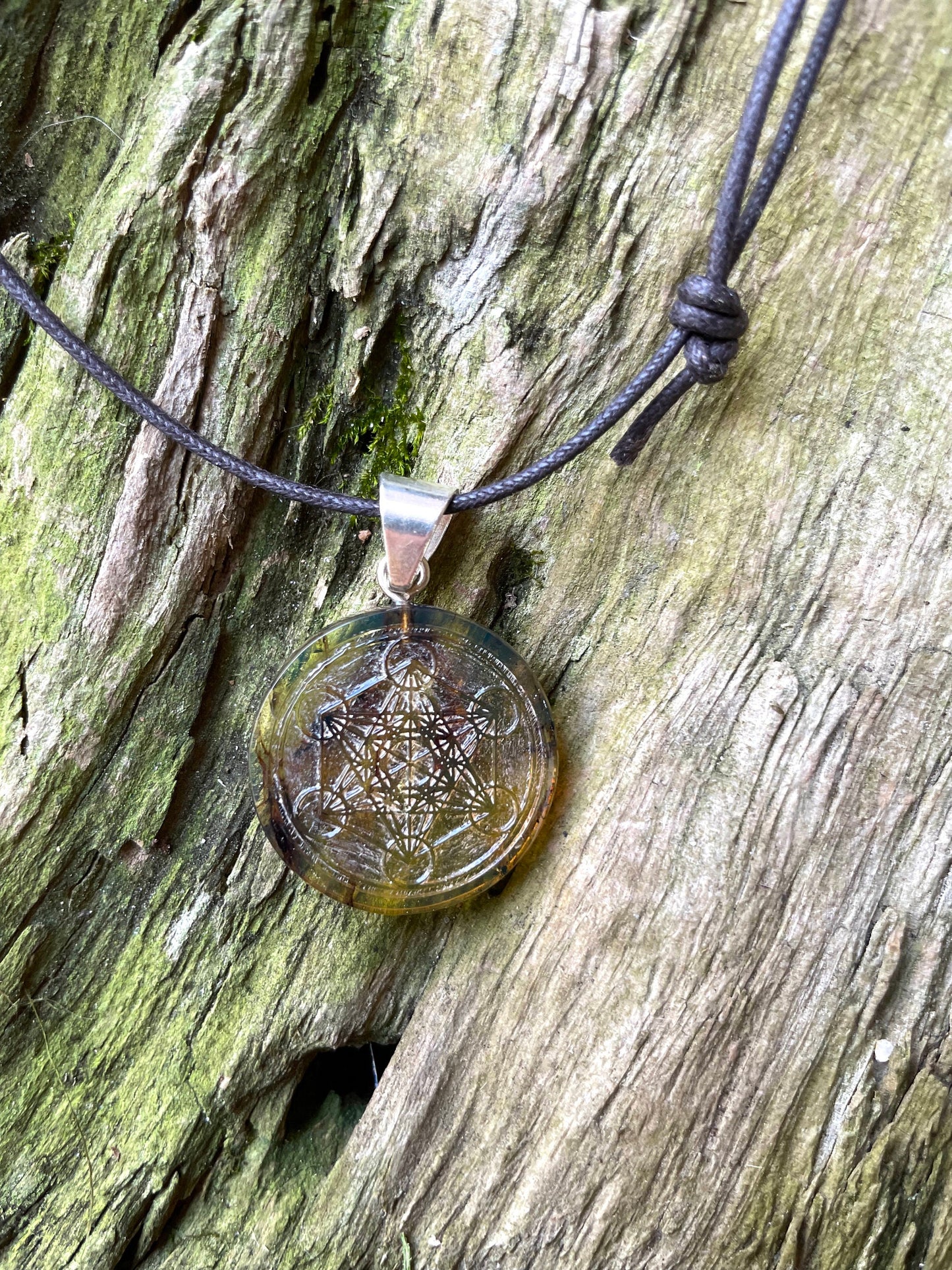 Polished and Carved Metatron's Cube Mexican Amber Pendant from Ciapas Mexico 1.5"Long