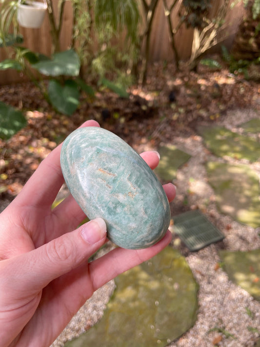 Medium Blue Polished Amazonite Palm Stone 200g From Madagascar