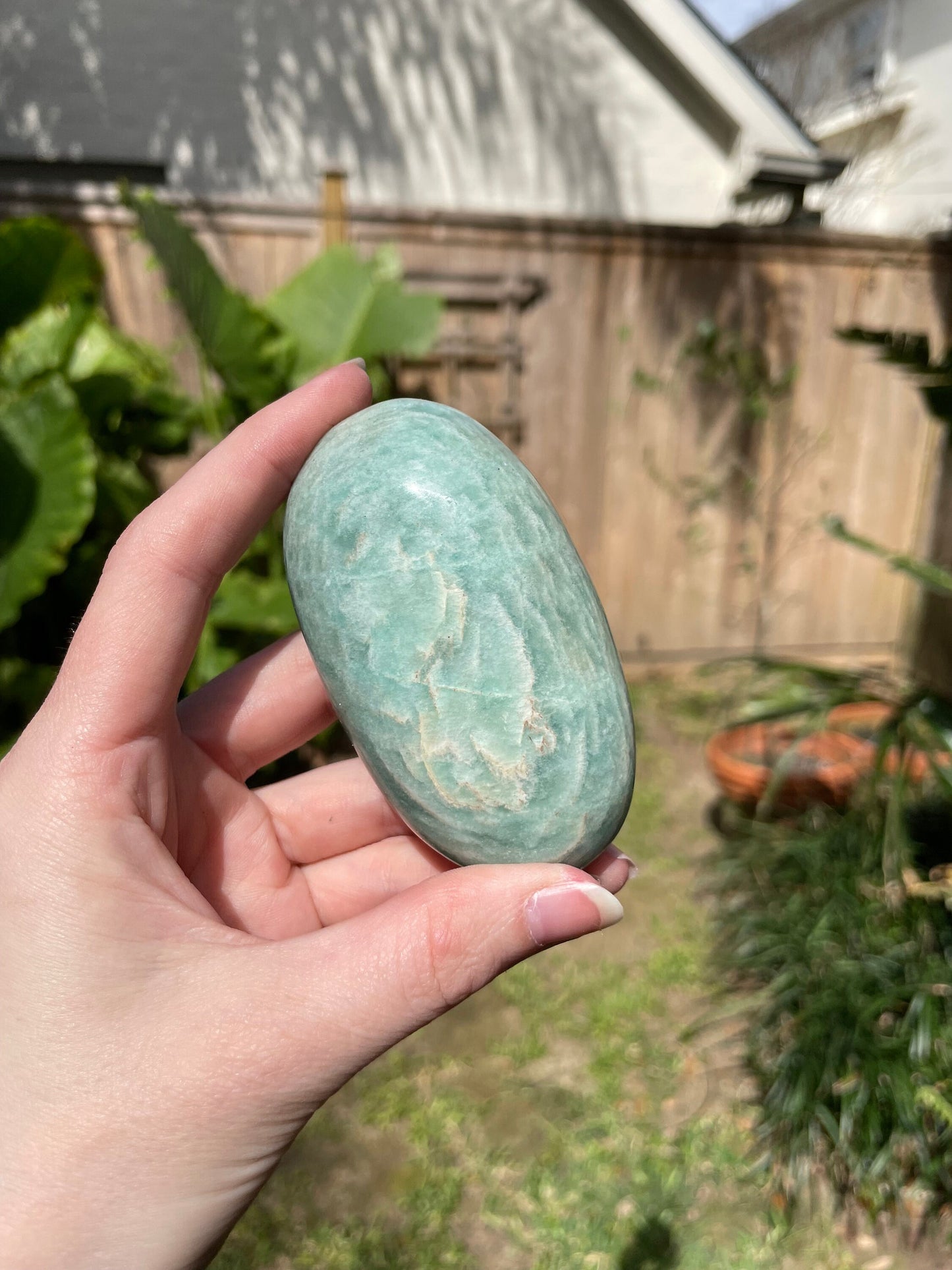 Medium Blue Polished Amazonite Palm Stone 200g From Madagascar