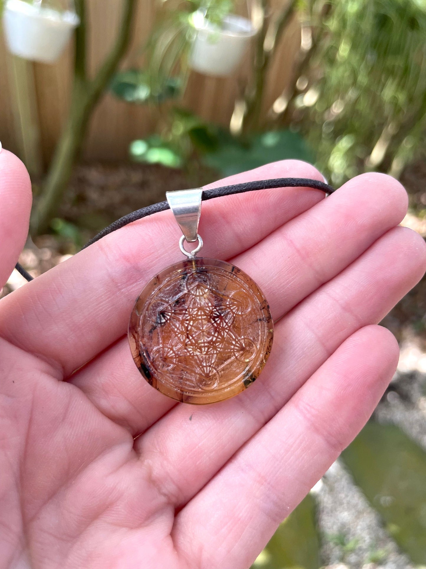 Polished and Carved Metatron's Cube Mexican Amber Pendant from Ciapas Mexico 1.5"Long