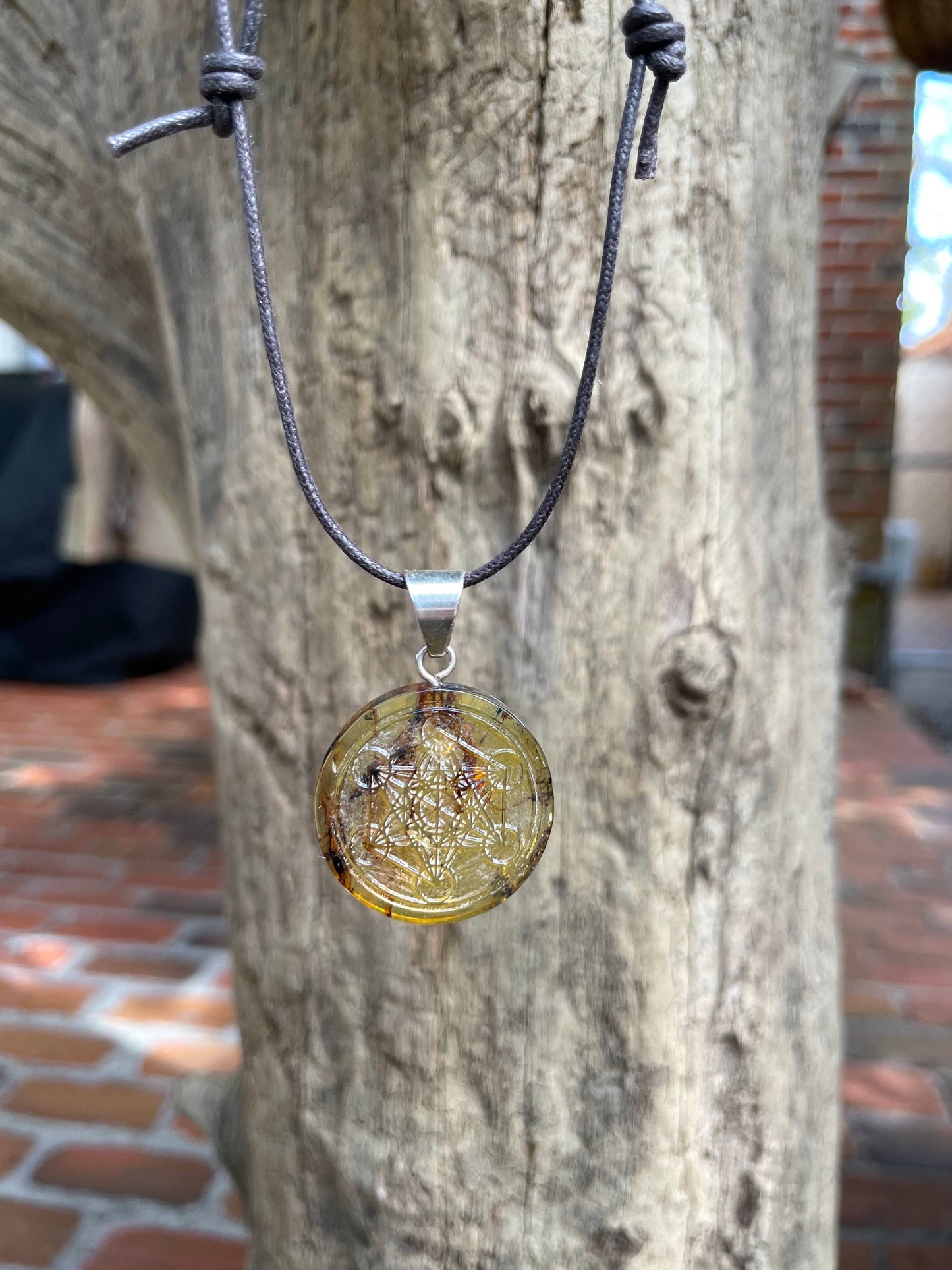 Polished and Carved Metatron's Cube Mexican Amber Pendant from Ciapas Mexico 1.5"Long