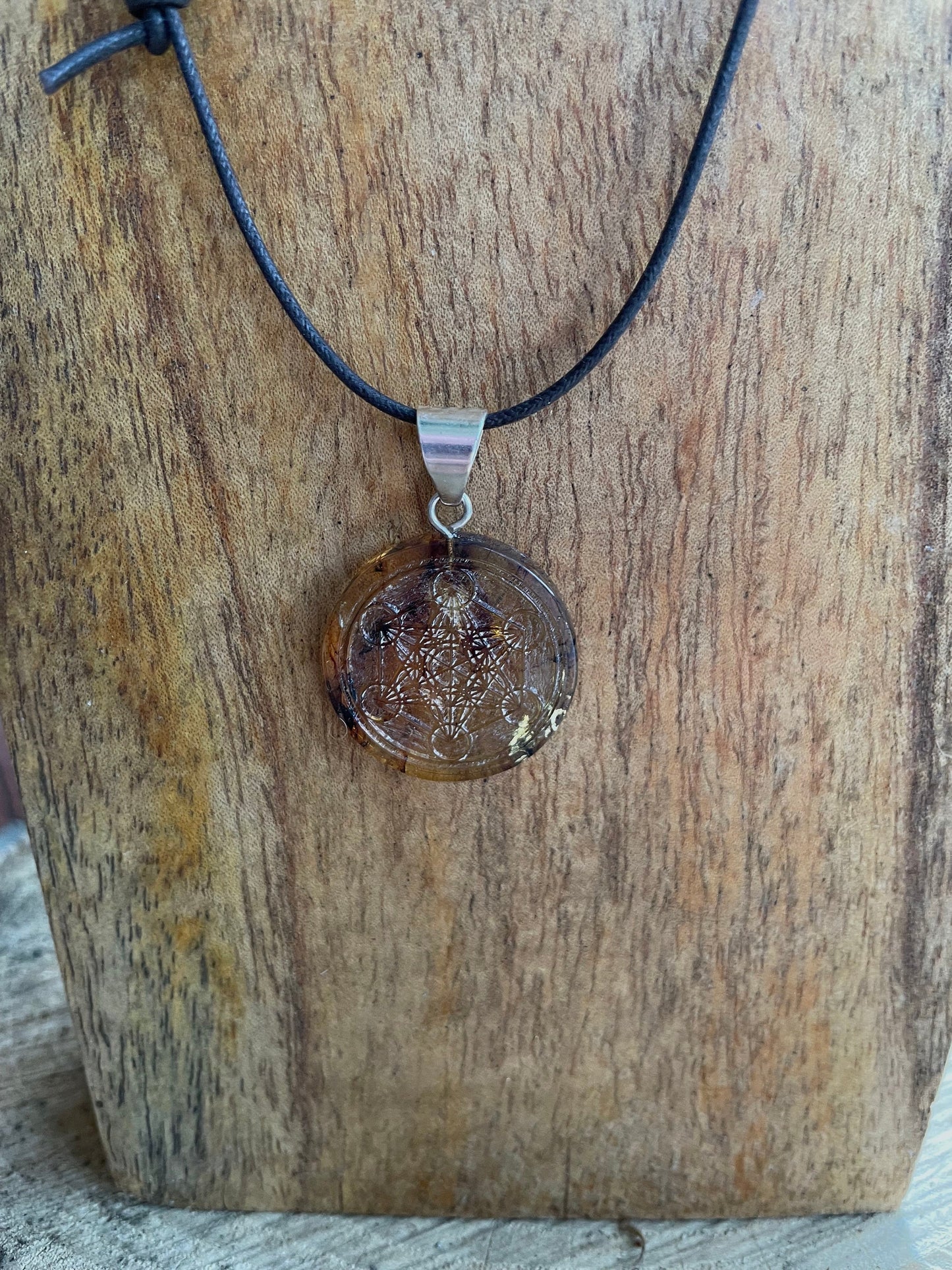 Polished and Carved Metatron's Cube Mexican Amber Pendant from Ciapas Mexico 1.5"Long