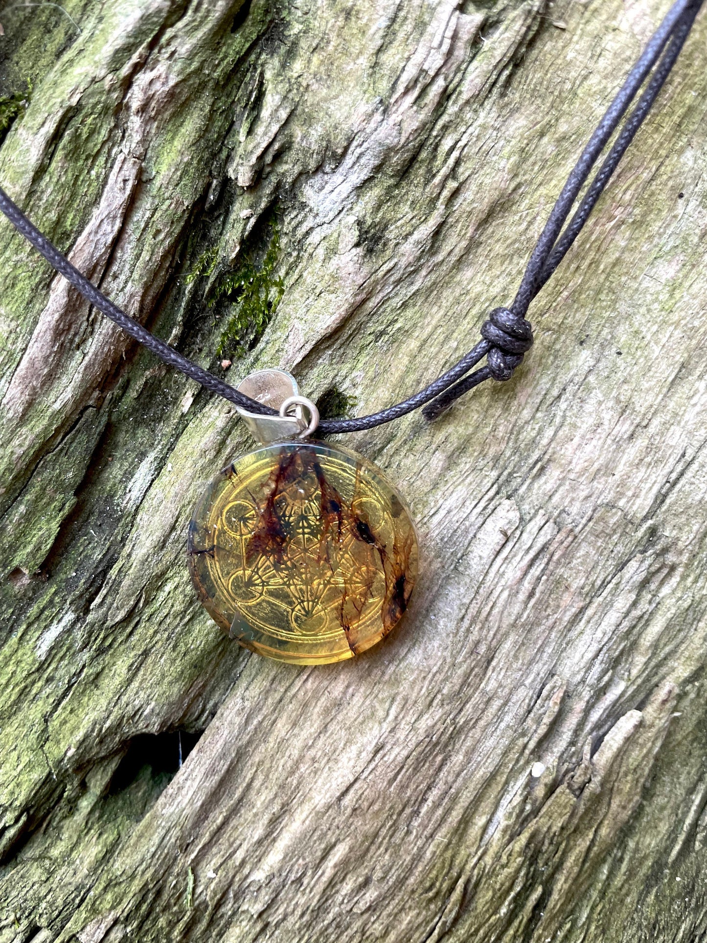 Polished and Carved Metatron's Cube Mexican Amber Pendant from Ciapas Mexico 1.5"Long