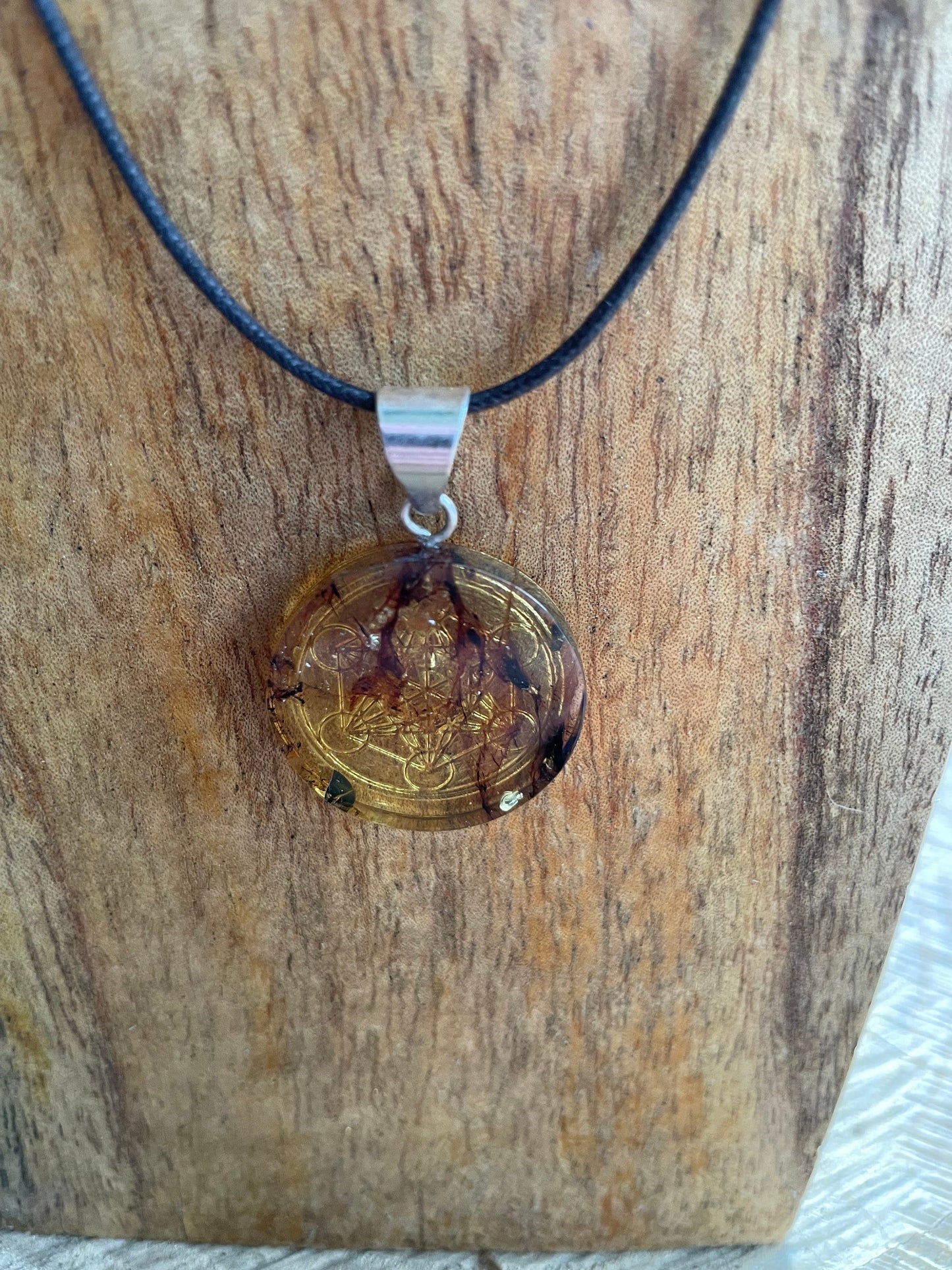 Polished and Carved Metatron's Cube Mexican Amber Pendant from Ciapas Mexico 1.5"Long