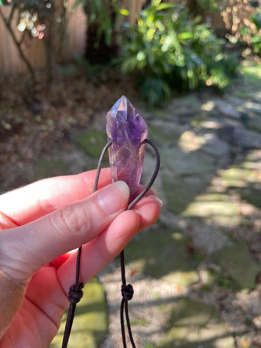 Polished and Hand Drilled Bahia Amethyst Point Pendant Necklace 52mm Long From Brazil