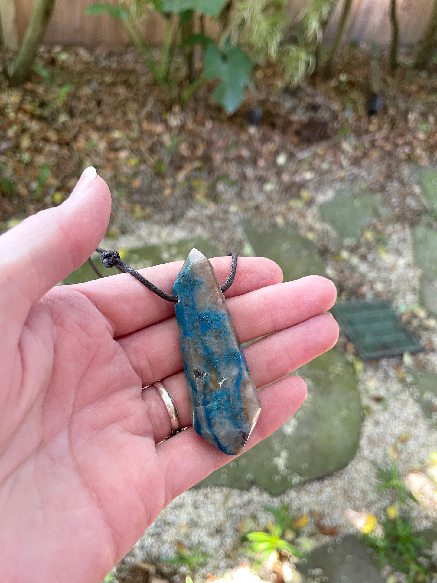 Polished and Drilled Blue Shattakite With Some Hematite, Malachite, and Chrysocolla 66mm 2.6" long Pendant/Necklace From Shaba Zaire