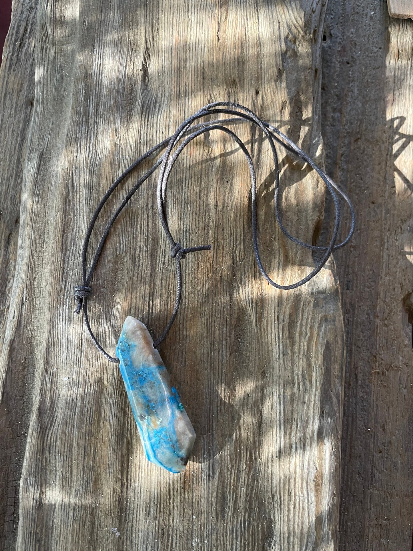 Polished and Drilled Blue Shattakite With Some Hematite, Malachite, and Chrysocolla 66mm 2.6" long Pendant/Necklace From Shaba Zaire