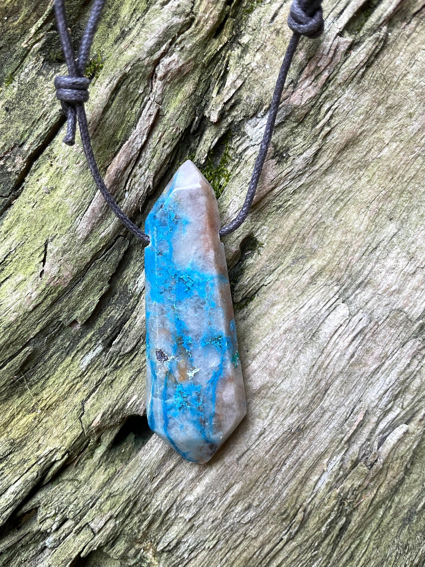 Polished and Drilled Blue Shattakite With Some Hematite, Malachite, and Chrysocolla 66mm 2.6" long Pendant/Necklace From Shaba Zaire