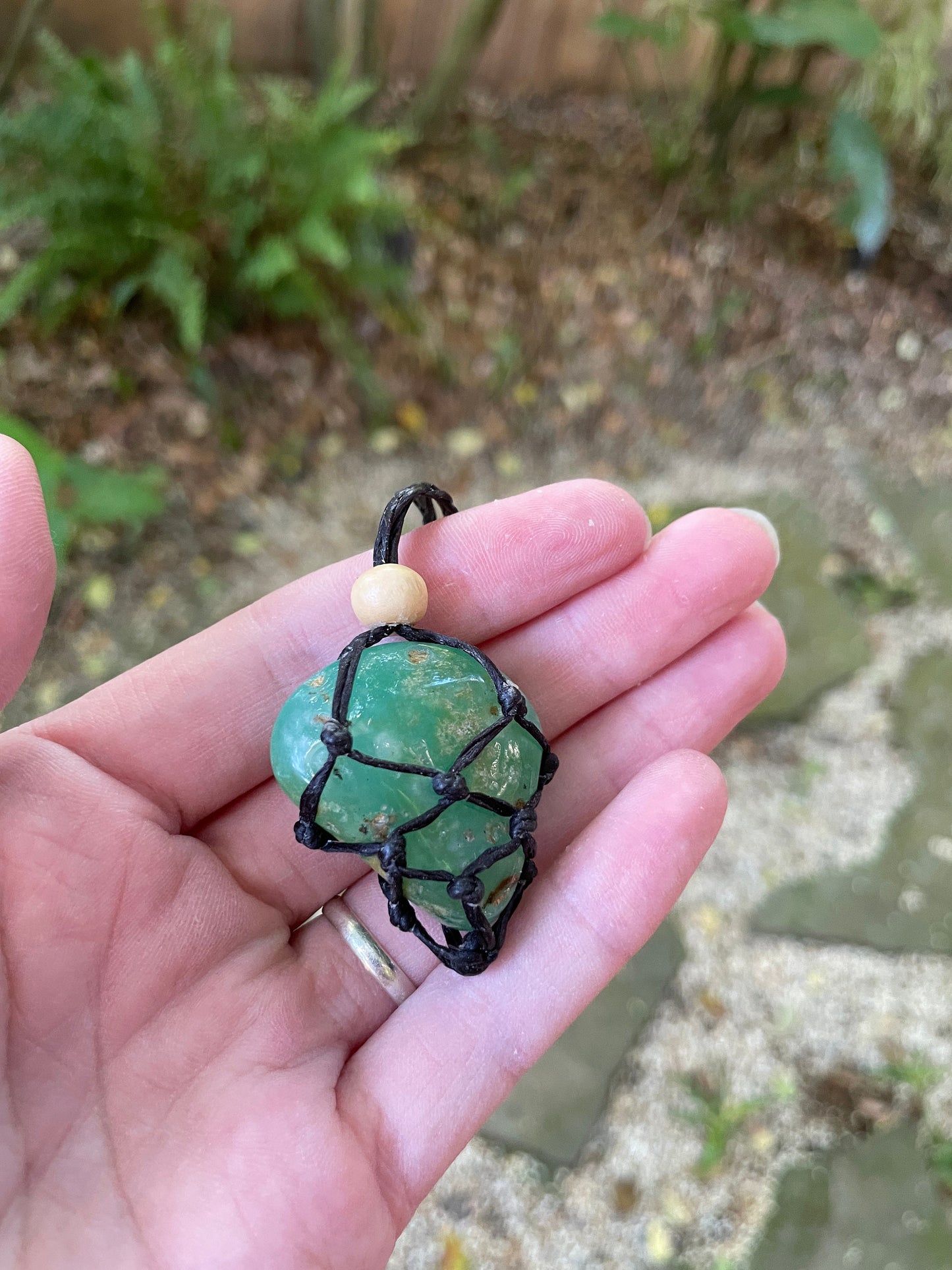 Tumbled and Polished  15.5g Chrysophase Macrame Cage Pendant, Interchangeable Necklace