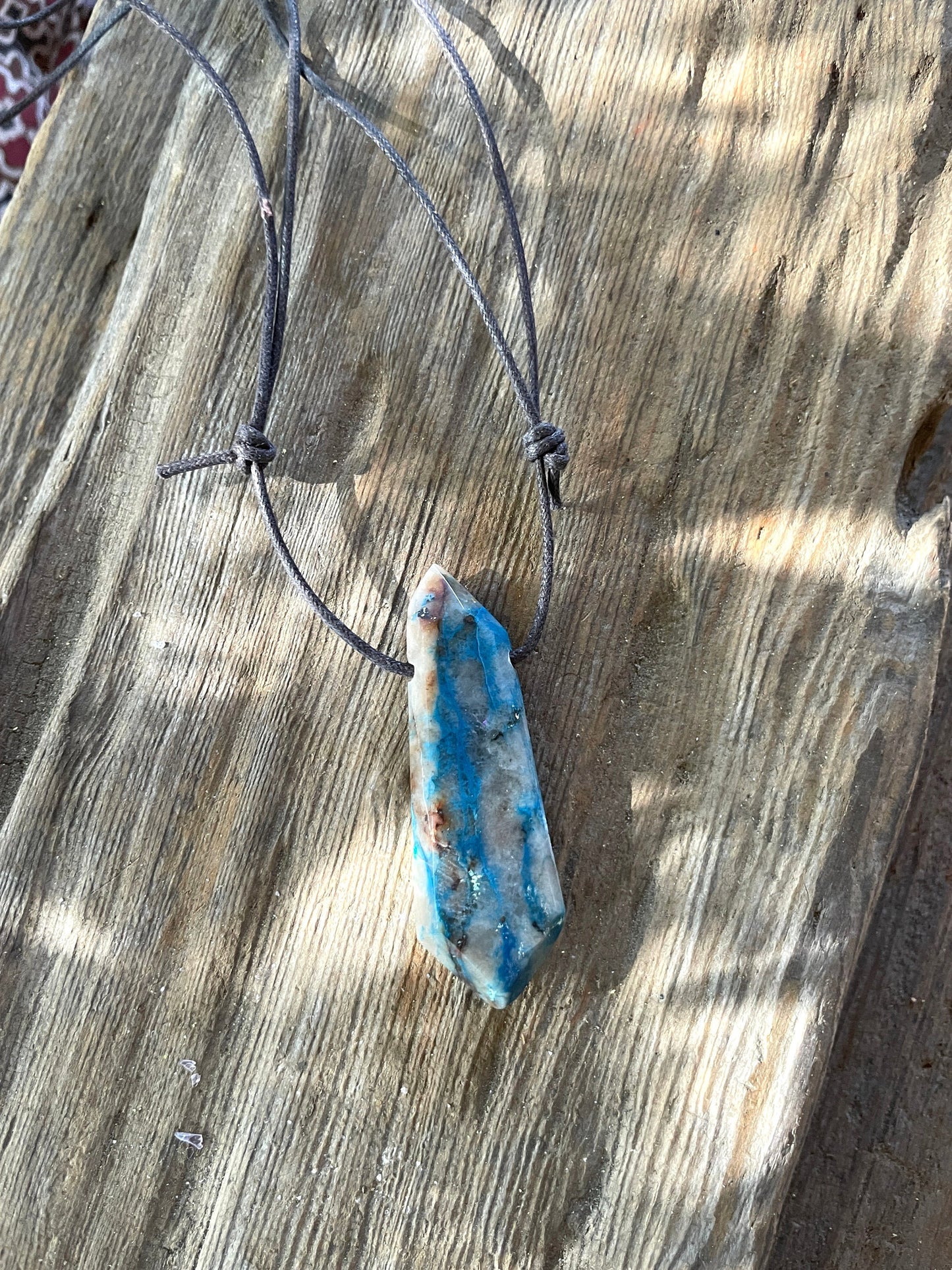 Polished and Drilled Blue Shattakite With Some Hematite, Malachite, and Chrysocolla 66mm 2.6" long Pendant/Necklace From Shaba Zaire