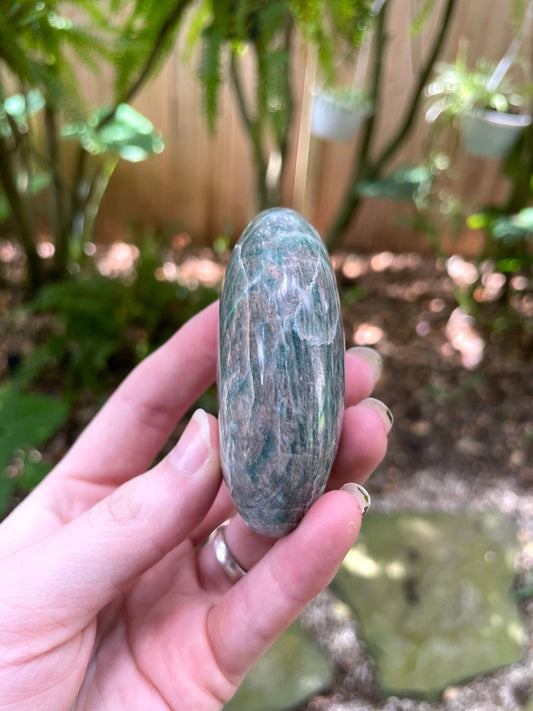 Small Blue Polished Amazonite Palm Stone With Peach Feldspar 149g From Madagascar