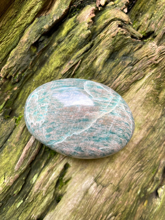 Small Blue Polished Amazonite Palm Stone With Peach Feldspar 149g From Madagascar