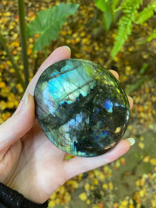 Lovely Polished Rainbow Labradorite Palm Stone 226g Rainbow Flash From Madagascar