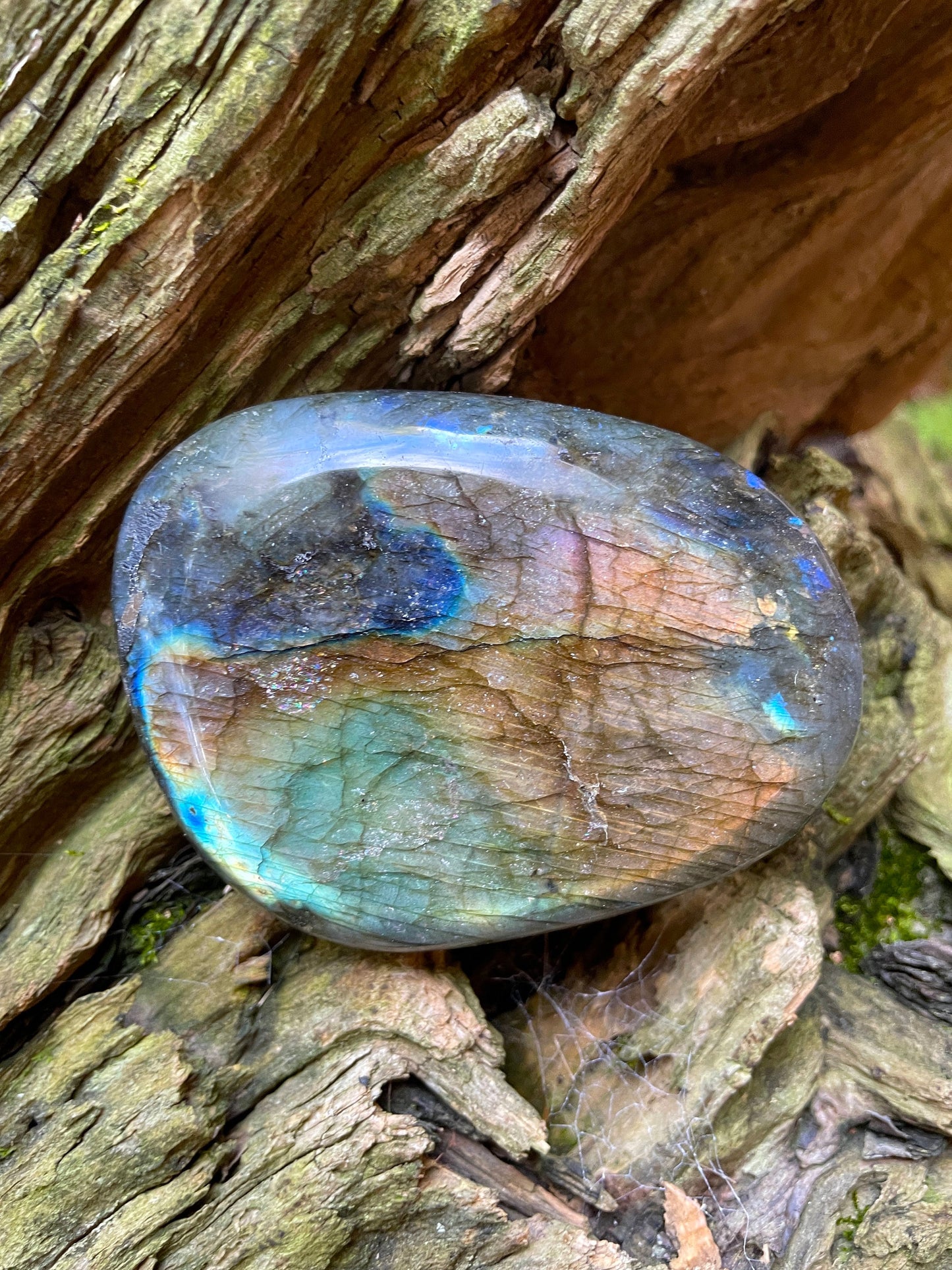 Lovely Polished Rainbow Labradorite Palm Stone 166.5g Rainbow Flash From Madagascar