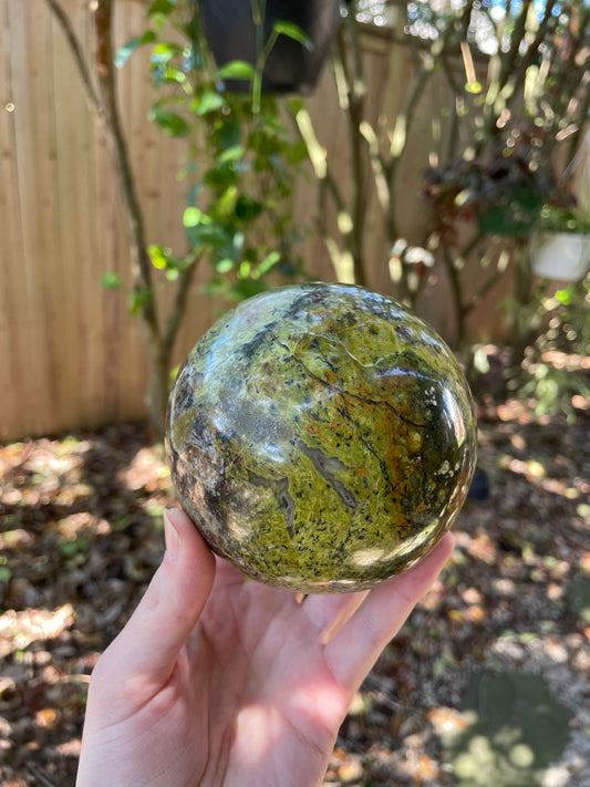 Polished Green Opal Sphere with wood stand From Madagascar, Specimen 1054g 2lbs 5.2oz 95mm 3.7"g Mineral Crystal