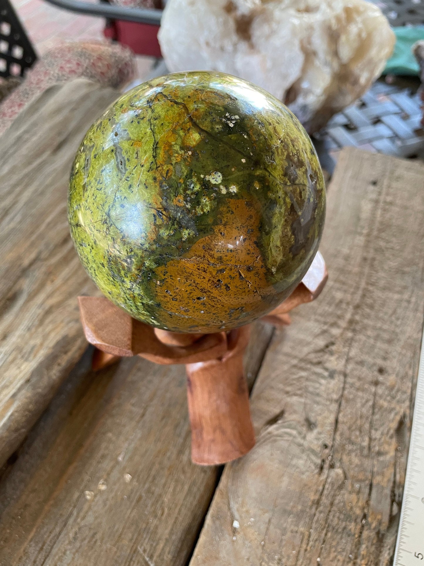 Polished Green Opal Sphere with wood stand From Madagascar, Specimen 1054g 2lbs 5.2oz 95mm 3.7"g Mineral Crystal