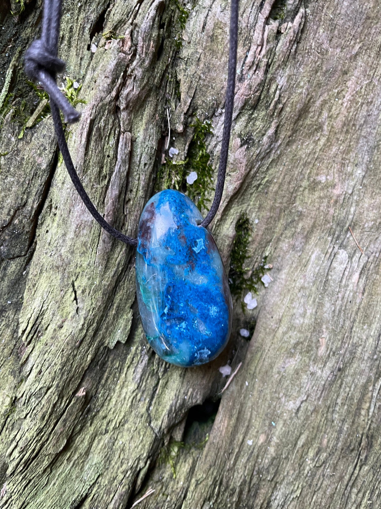 Polished and Drilled Blue Shattakite and Chrysocolla 66mm 2.6" long Pendant/Necklace From Shaba Zaire *sight damage