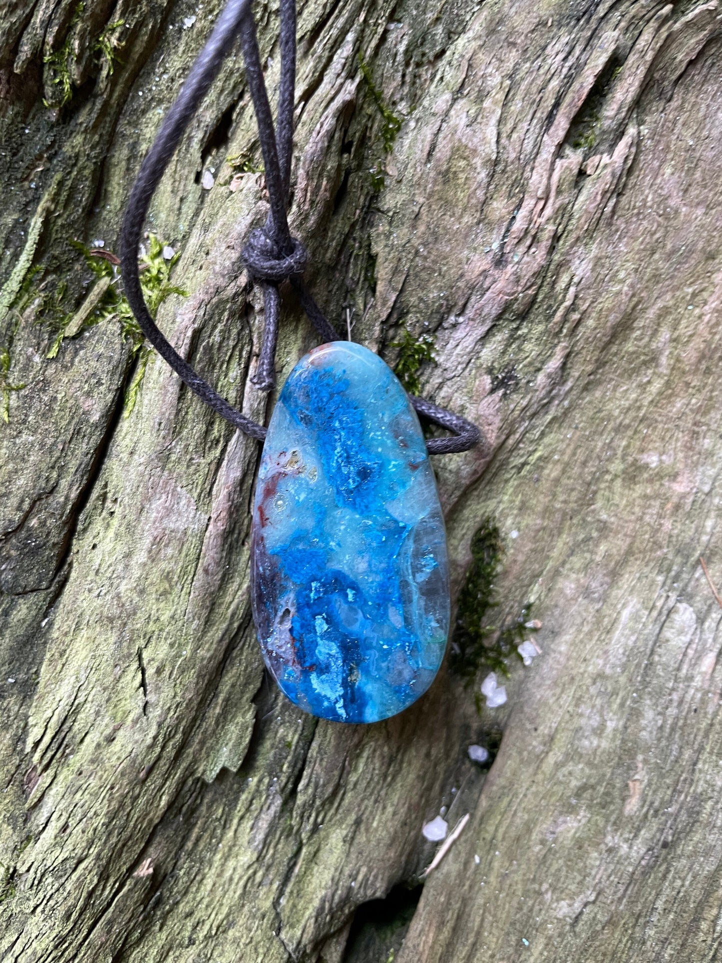 Polished and Drilled Blue Shattakite and Chrysocolla 66mm 2.6" long Pendant/Necklace From Shaba Zaire *sight damage