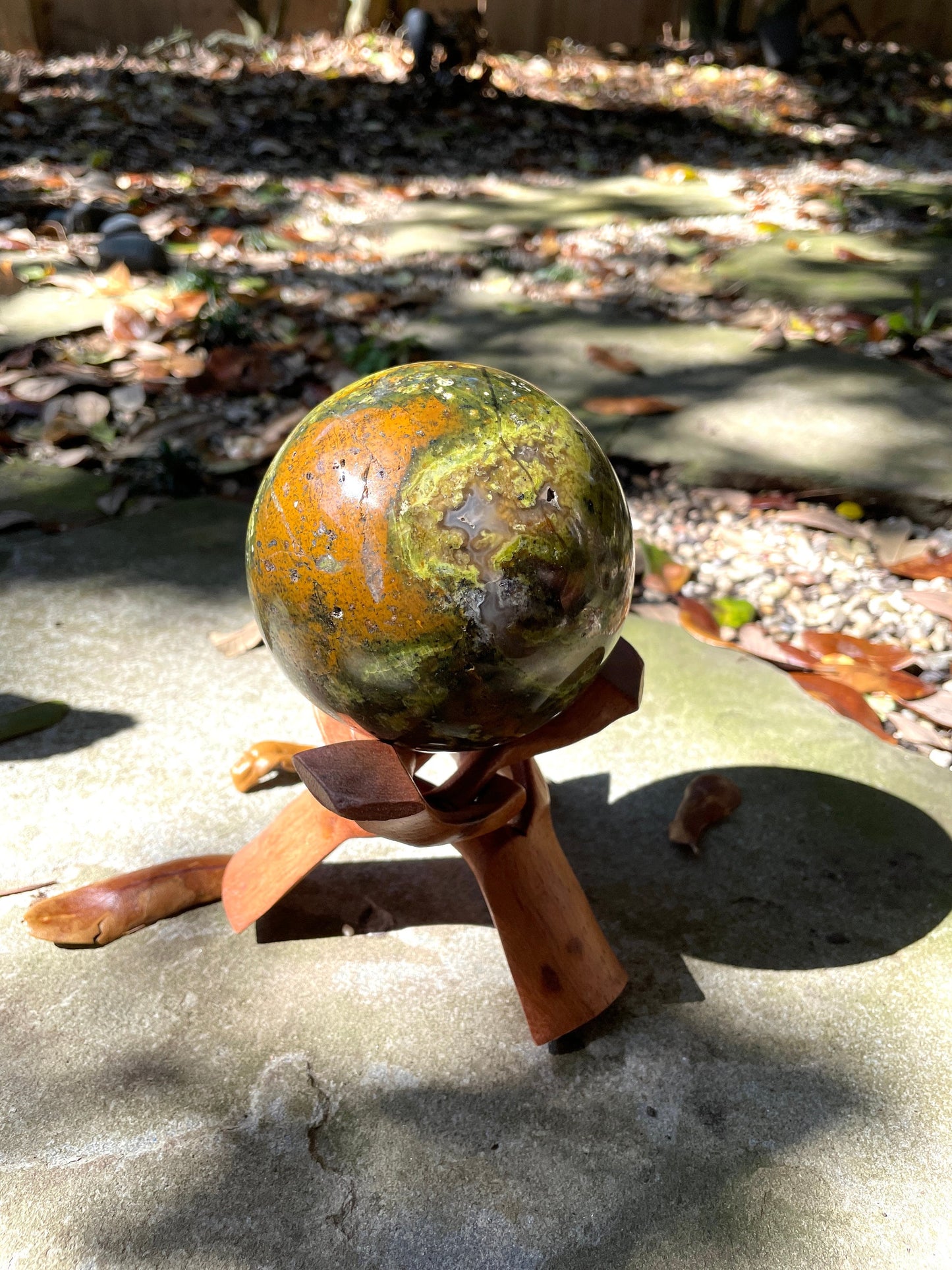 Polished Green Opal Sphere with wood stand From Madagascar, Specimen 1054g 2lbs 5.2oz 95mm 3.7"g Mineral Crystal