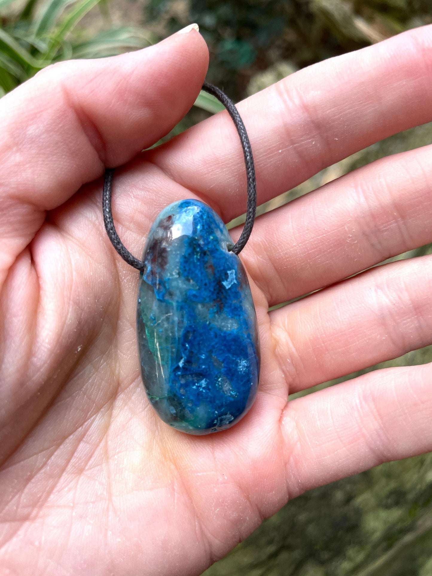 Polished and Drilled Blue Shattakite and Chrysocolla 66mm 2.6" long Pendant/Necklace From Shaba Zaire *sight damage