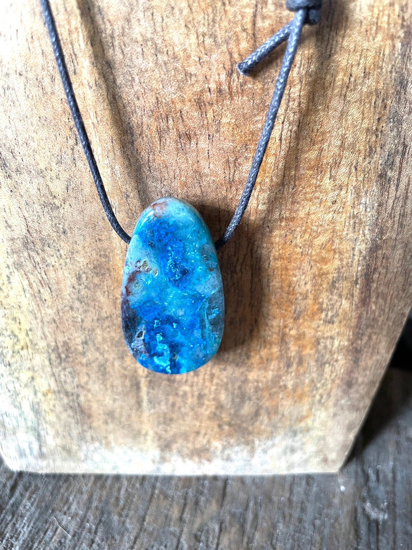 Polished and Drilled Blue Shattakite and Chrysocolla 66mm 2.6" long Pendant/Necklace From Shaba Zaire *sight damage