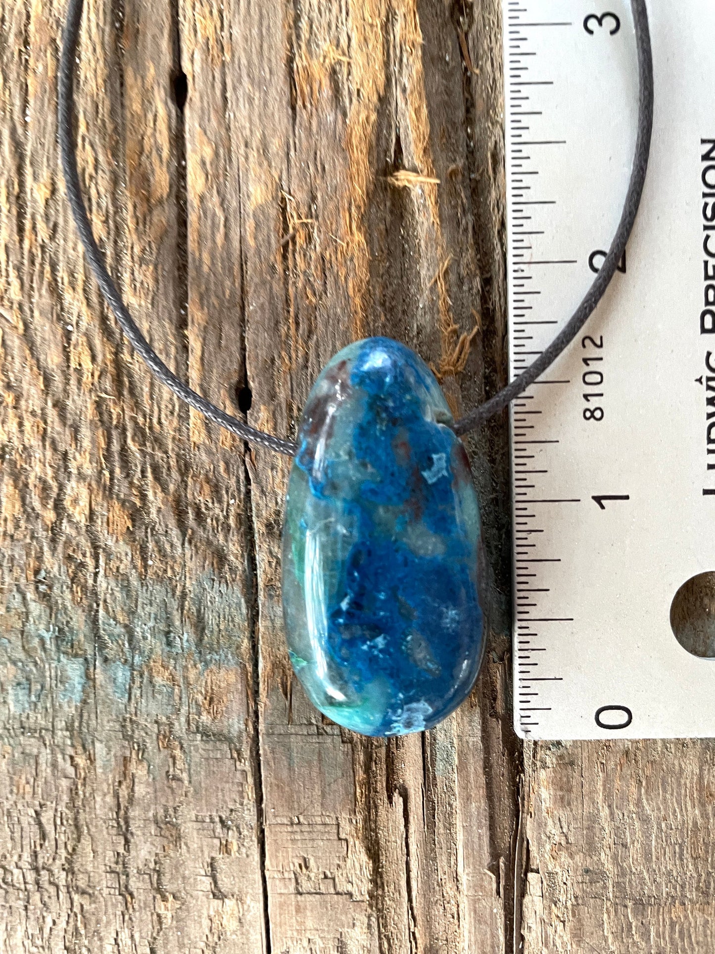 Polished and Drilled Blue Shattakite and Chrysocolla 66mm 2.6" long Pendant/Necklace From Shaba Zaire *sight damage