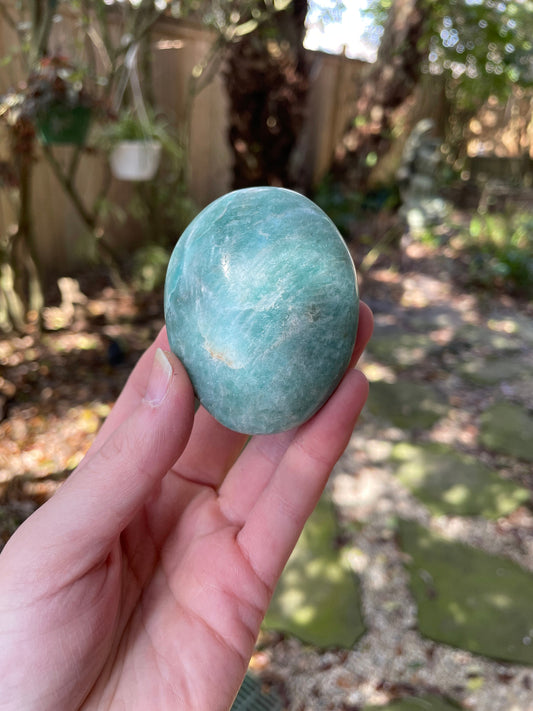 Medium Blue Polished Amazonite Palm Stone 118.9g From Madagascar