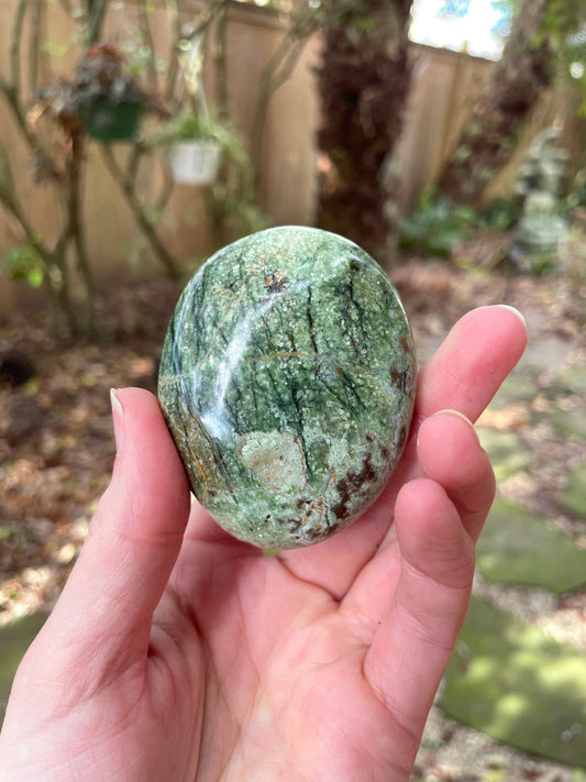 Polished Green Chrysocolla Palm Stone From Madagascar, Specimen 121.1g