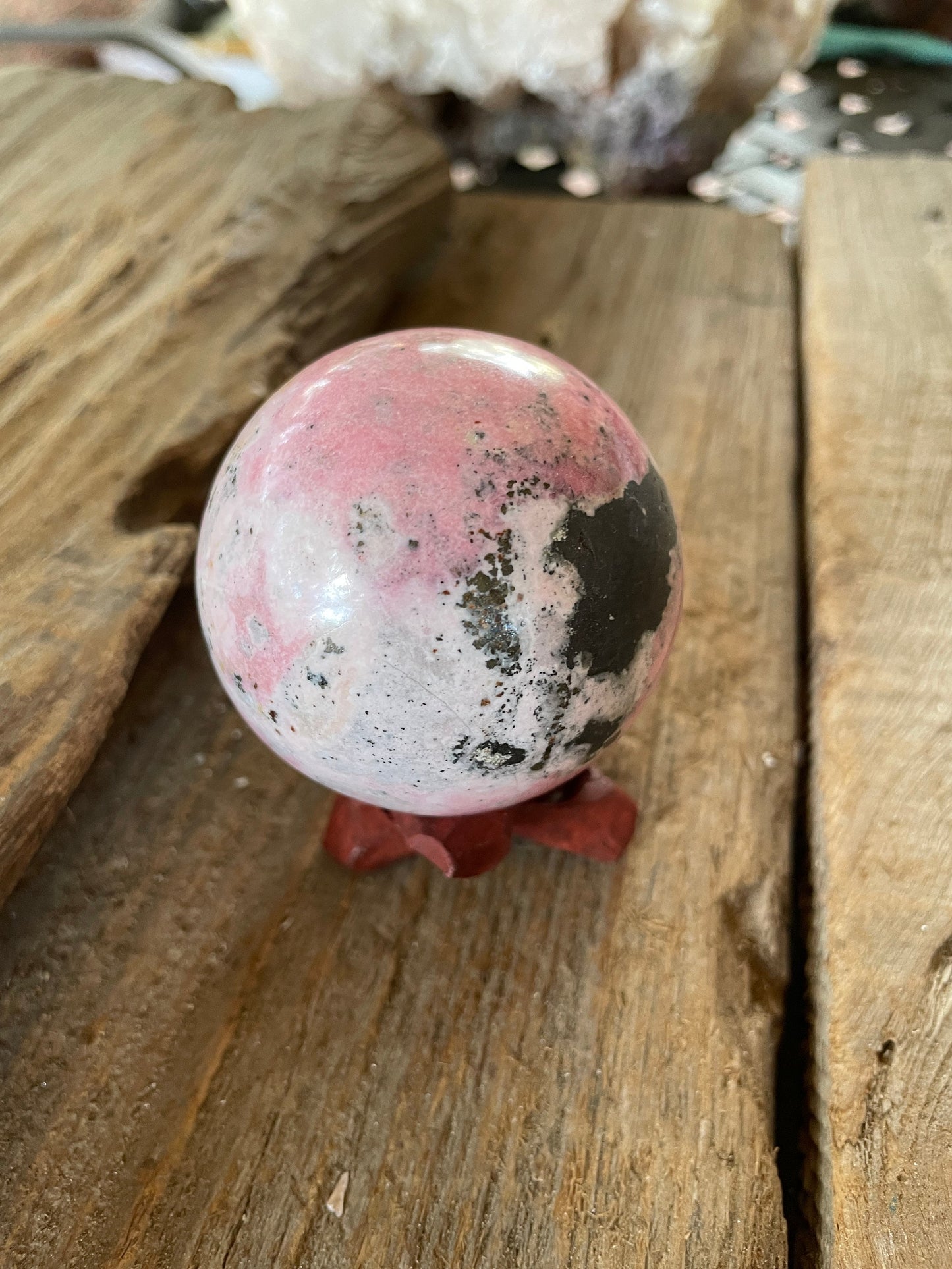 Rhodochrosite Sphere with Wooden Stand Specimen 319g 36mm 2.1" From Peru Mineral Crystal