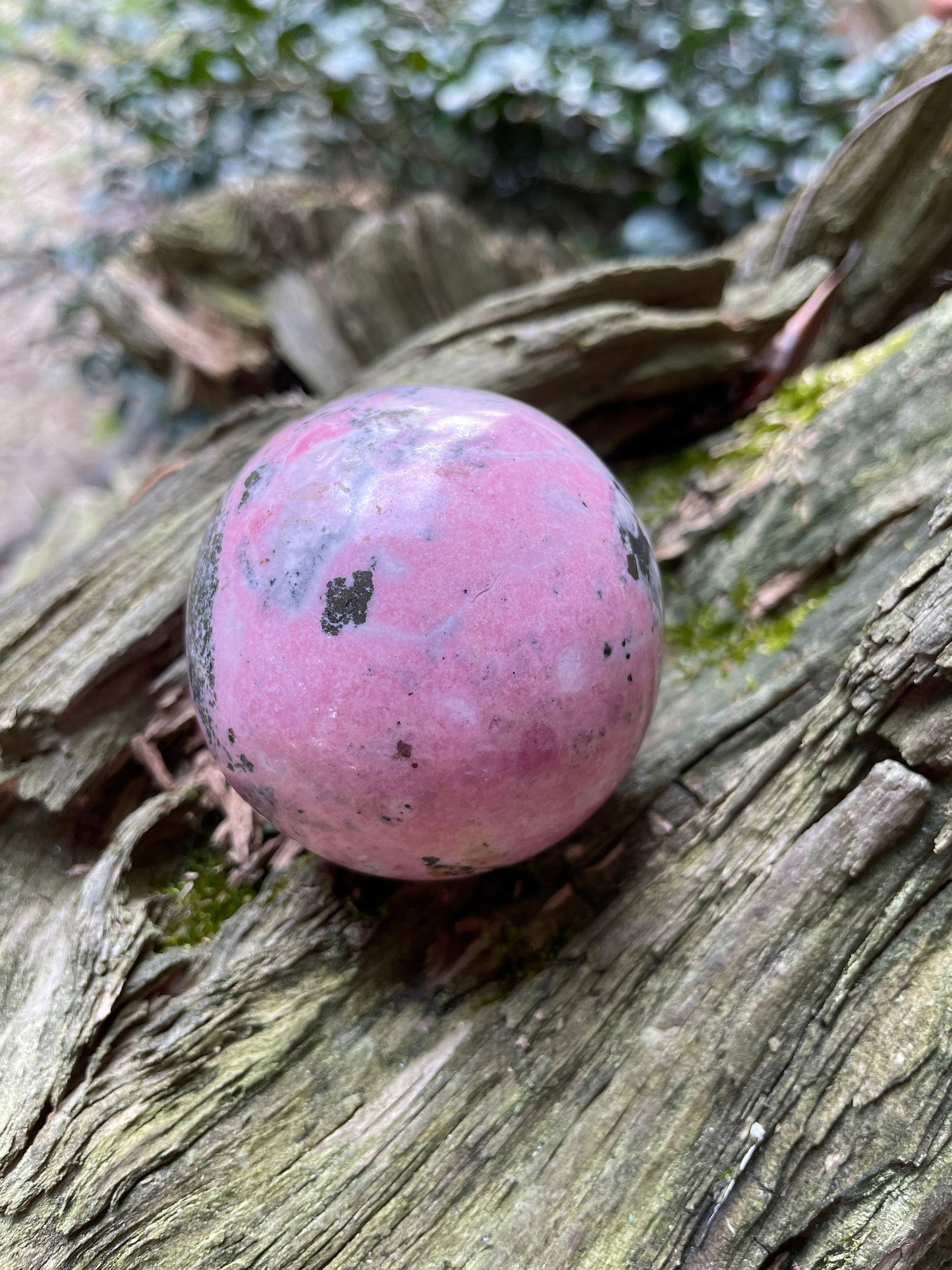 Rhodochrosite Sphere with Wooden Stand Specimen 319g 36mm 2.1" From Peru Mineral Crystal