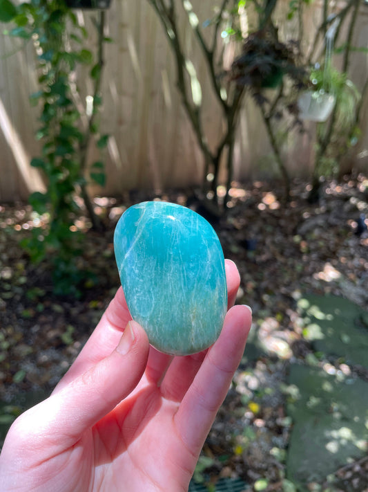 Gemmy Blue Polished Amazonite Palm Stone 96.3g From Madagascar Mineral Crystal