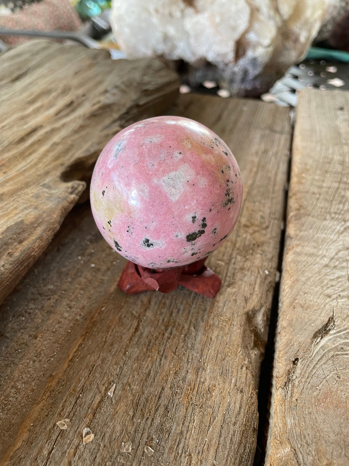 Rhodochrosite Sphere with Wooden Stand Specimen 319g 36mm 2.1" From Peru Mineral Crystal