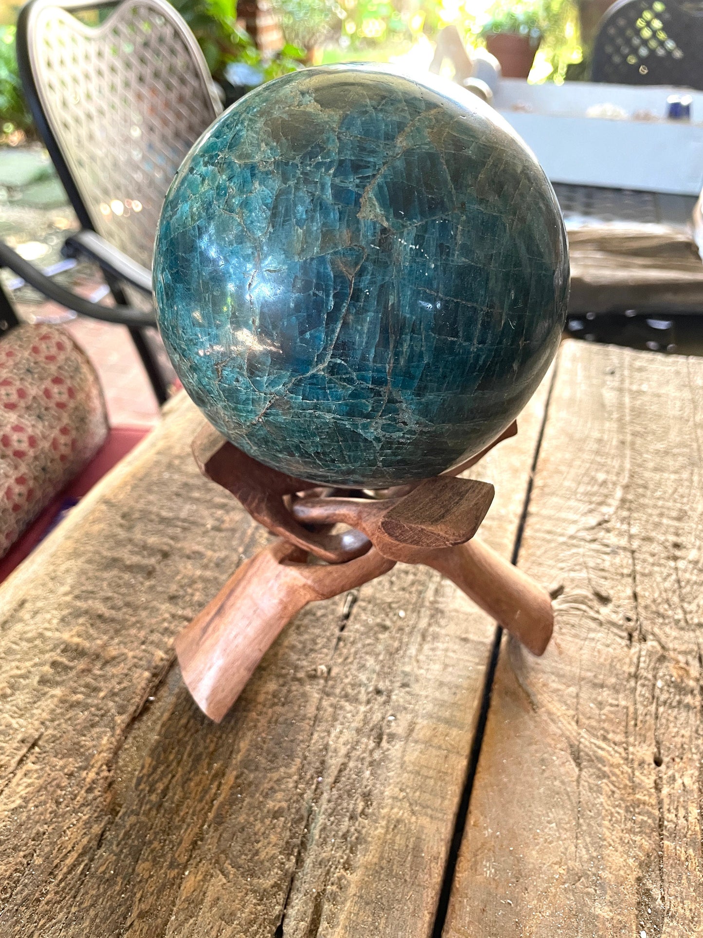 Blue Apatite 112mm 4.4" Polished Sphere from Madagascar 2362g 5lbs 3.3oz Wood Stand Included Mineral Crystal