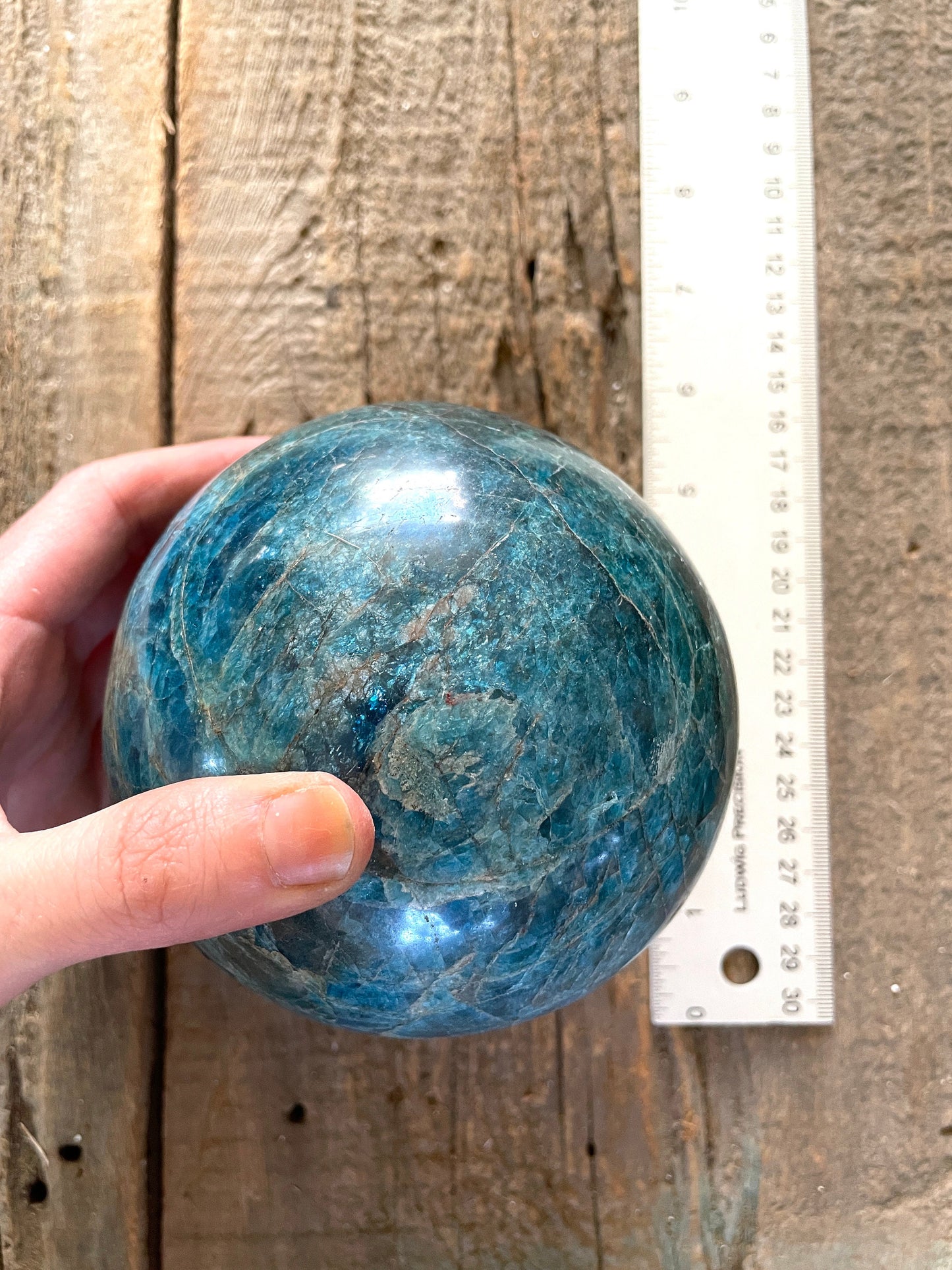 Blue Apatite 112mm 4.4" Polished Sphere from Madagascar 2362g 5lbs 3.3oz Wood Stand Included Mineral Crystal