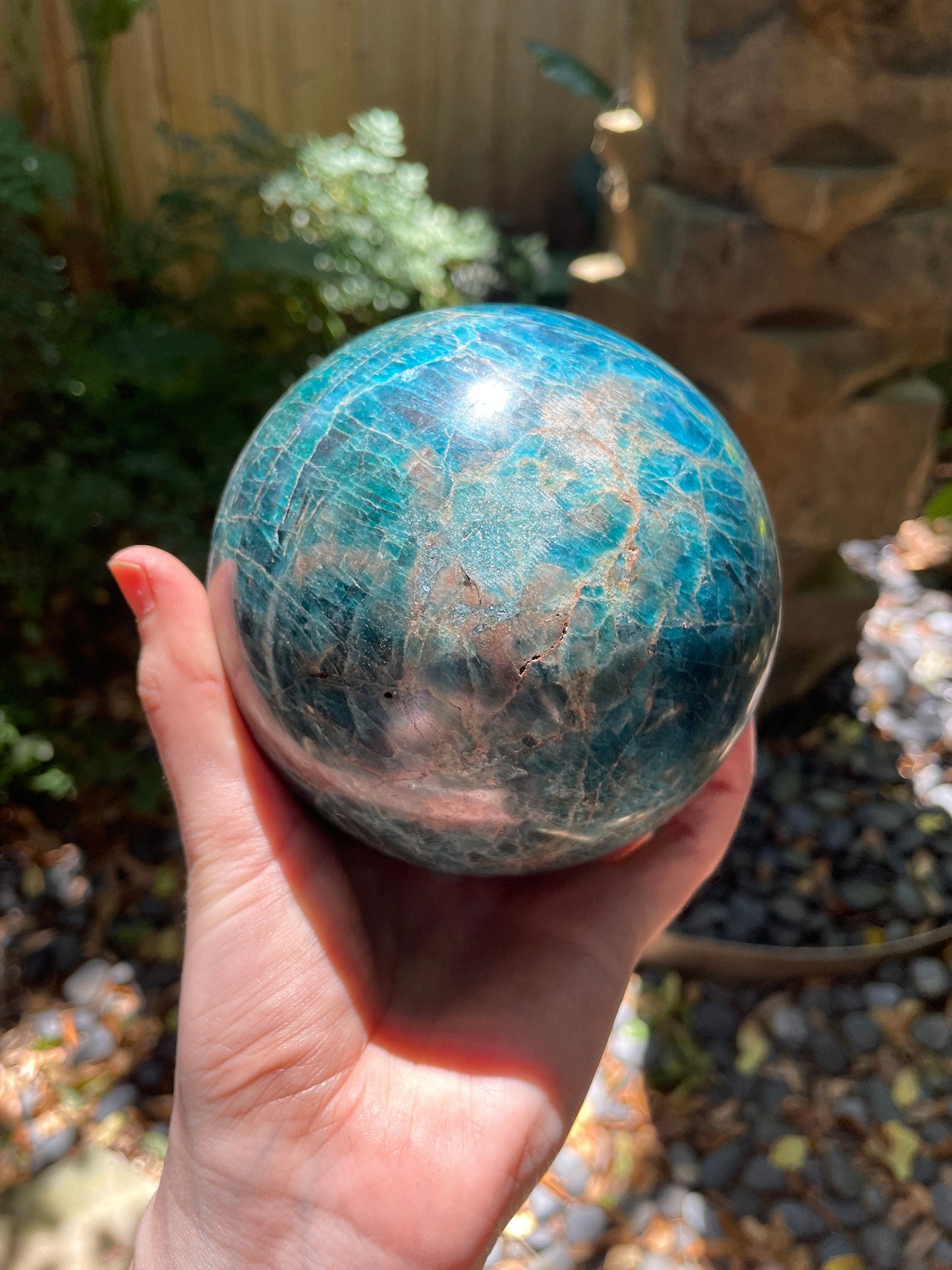 Blue Apatite 112mm 4.4" Polished Sphere from Madagascar 2362g 5lbs 3.3oz Wood Stand Included Mineral Crystal