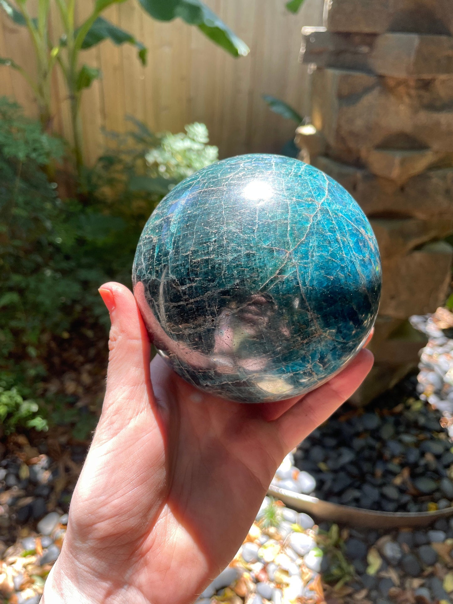 Blue Apatite 112mm 4.4" Polished Sphere from Madagascar 2362g 5lbs 3.3oz Wood Stand Included Mineral Crystal