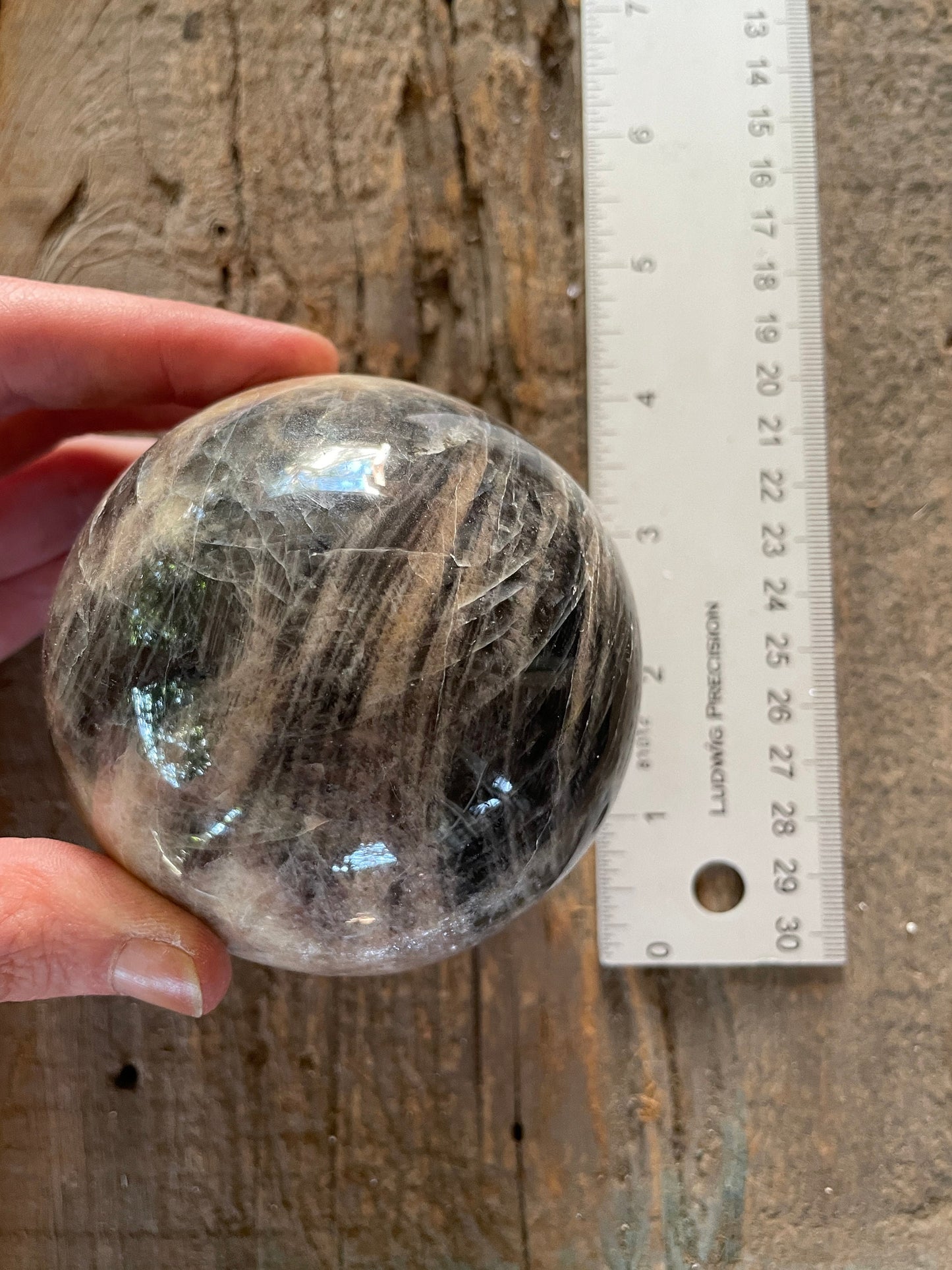 Black Moonstone Sphere with Wooden Stand  82mm 3.2" 754g 1lb 10.6oz Specimen From Madagascar Display