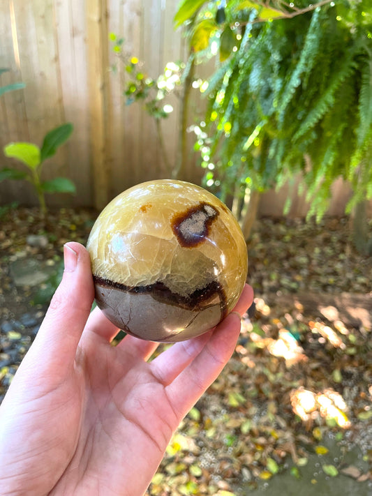 Lovely Septarian Calcite Polished Sphere With Stand Madagascar 80mm 3.1" 668g Specimen