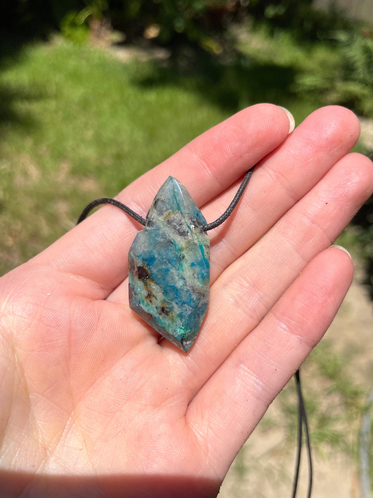 Polished and Drilled Blue Shattakite With Some Hematite, Malachite, and Chrysocolla 42mm" long Pendant/Necklace From Shaba Zaire